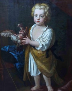 Portrait of a Boy with Bird - British 17thC  Old Master art oil painting