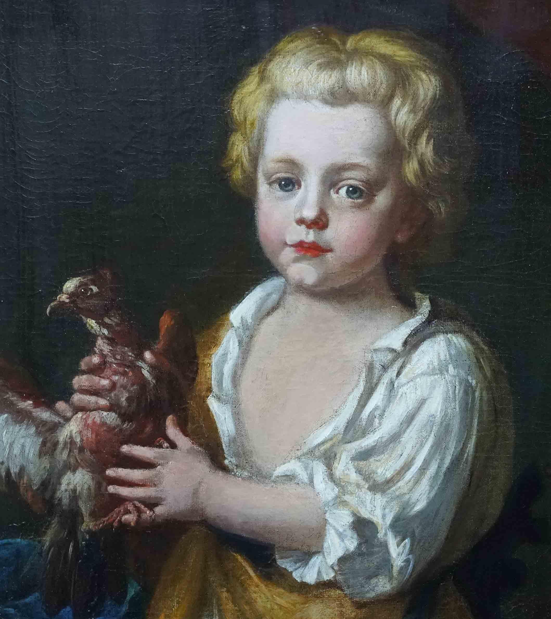 Portrait of a Boy with Bird - British 17thC  Old Master art oil painting For Sale 1