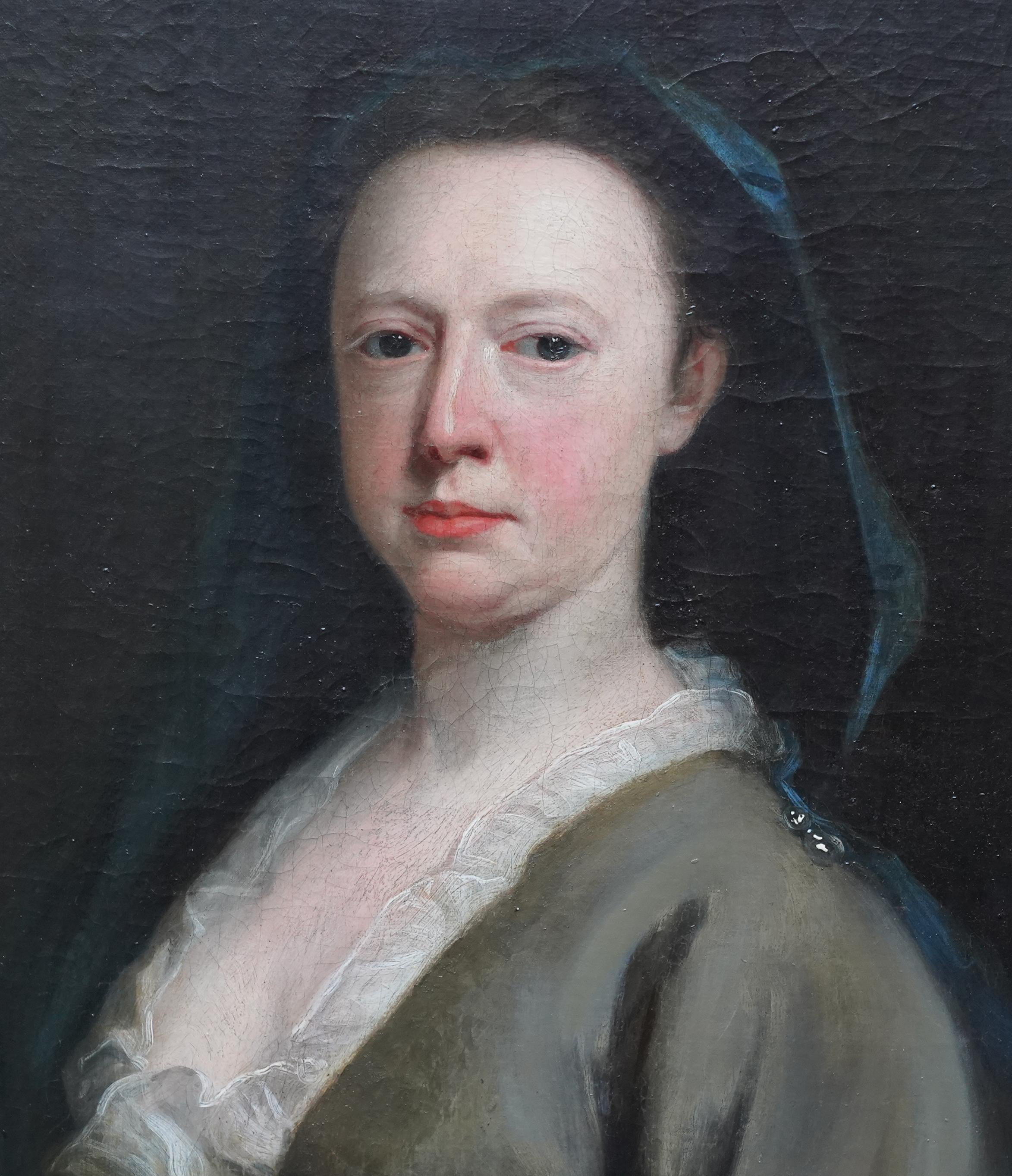 This lovely British Old Master portrait oil painting is attributed to the circle of Sir George Kneller. Painted circa 1680 it is a half length portrait in a feigned oval of a lady in a brown gown with lace neckline. There is lovely detail in her