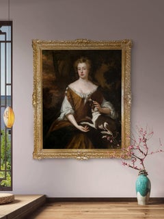 Ritratto di una signora elegante con il suo cagnolino, 1690 circa; studio of Sir Godfrey Kneller