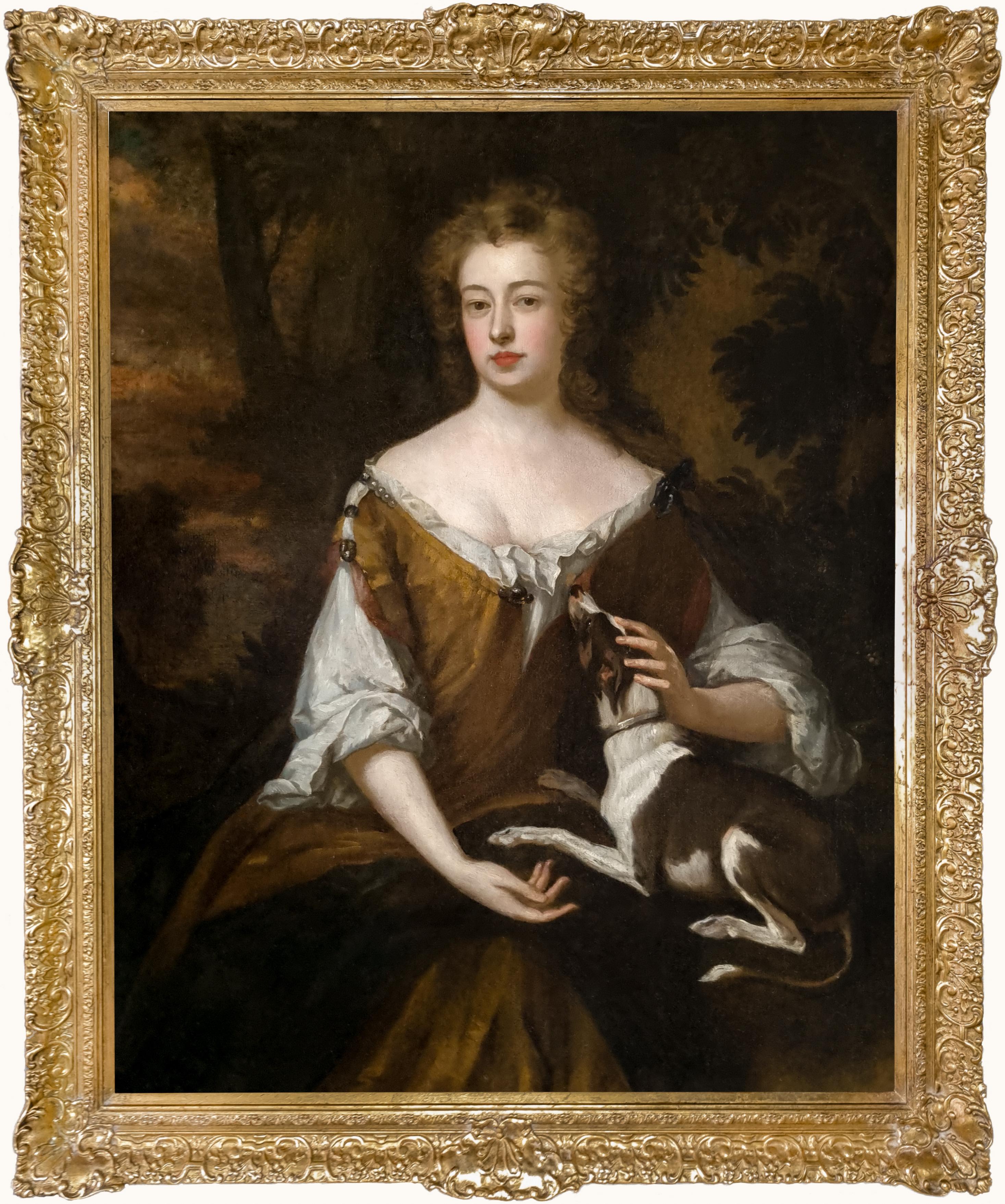 At a glance:

A grand and highly decorative late Stuart portrait, this elegant 50 x 40 inch canvas depicts a young lady seated in a wooded landscape with her pet dog resting affectionately at her lap. Painted circa 1690–1700 and attributed to the
