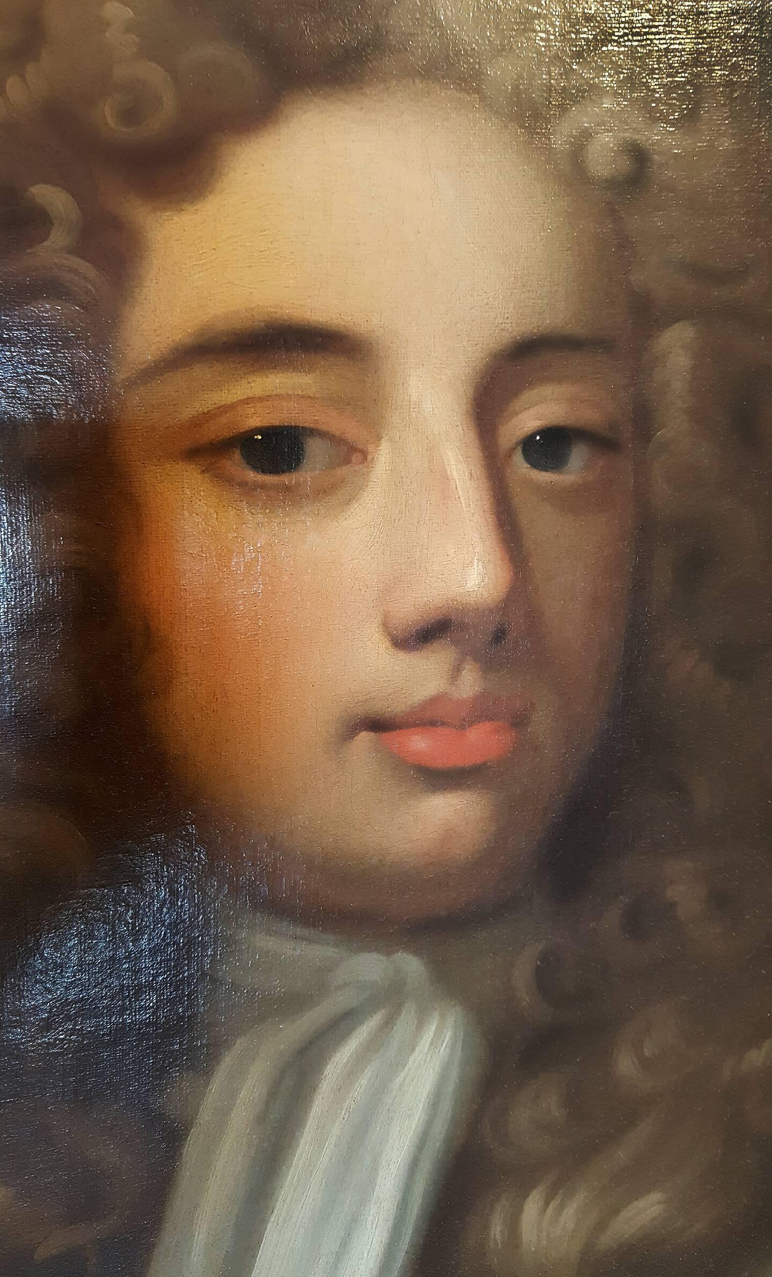 Sir Godfrey Kneller mit dem Studio,  Bezeichnet Mr. Bagnal unten links. Godfrey Kneller und Studio, unterfüttert, alte Reinigung.  Alter Rahmen. Der Rahmen wurde neu lackiert und hat einige Absplitterungen und kleinere Schäden. Größe 50 in.Hx40