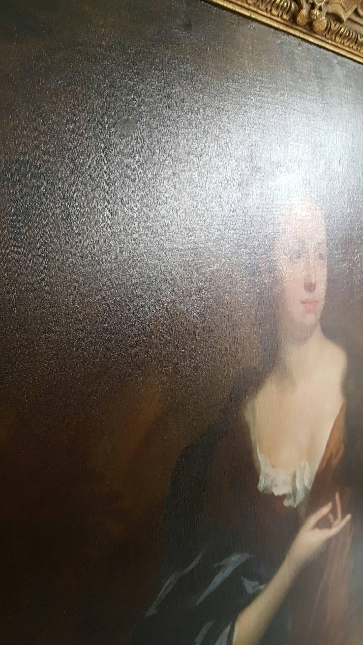 Portrait of Mrs. Fisher of Packerton, Warwick in  Brown dress with Blue Shawl - Black Figurative Painting by Sir Godfrey Kneller