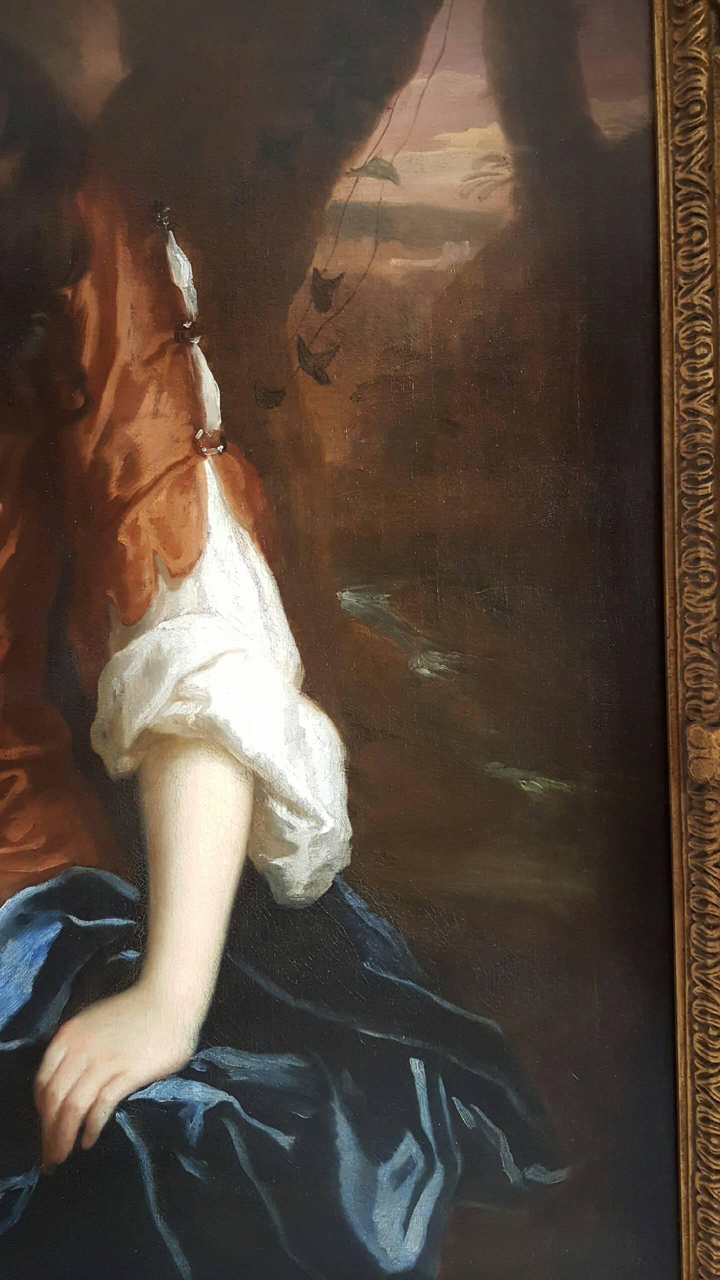 Three-quarter-length, in a blue dress and red shawl, a wooded  landscape in the distance
Provenance:  Sotheby's  The work is stunning and has a great elegant presence in person