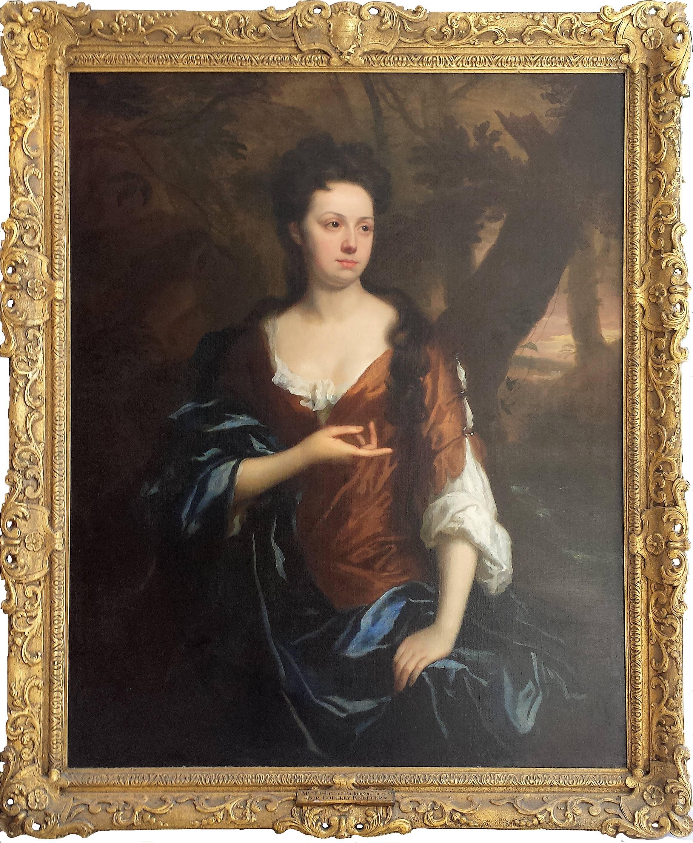 Sir Godfrey Kneller Figurative Painting - Portrait of Mrs. Fisher of Packerton, Warwick in  Brown dress with Blue Shawl