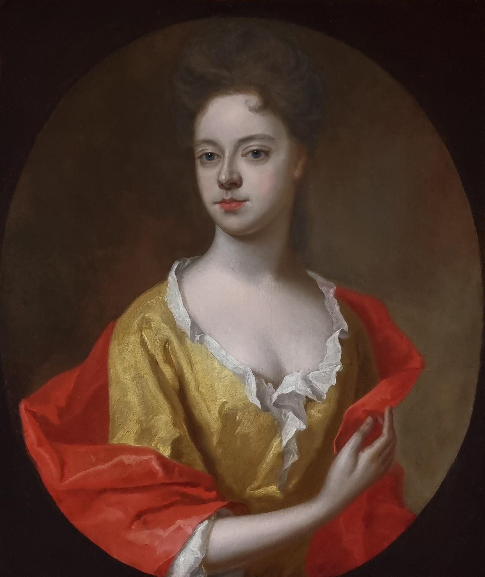 This portrait depicts an elegant, aristocratic women wearing a yellow silk dress with white chemise and a red mantle elegantly draped around her body.  By tradition the portrait represents Mary Capel, Countess of Essex.  Born Lady Mary Bentinck in