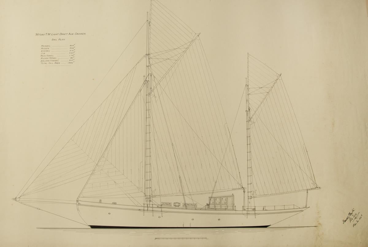 Sir Harold Dudley Clayton : plans de l'architecte naval et constructeur de bateaux pour Zinita, 1909. Quatre dessins encadrés d'architecte naval représentant le plan de voilure, le plan de cabine, les sections et la coque du 