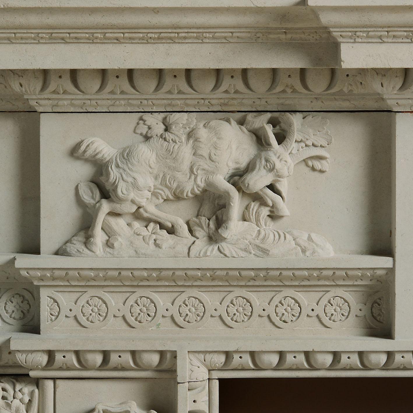 A George II Portland stone chimneypiece from the workshops of Sir Henry Cheere, circa 1738.

Depicting (cryptically) the story of Pixodorus as recounted in Vitruvius. Previously with five layers of paint, the last being an oak graining of