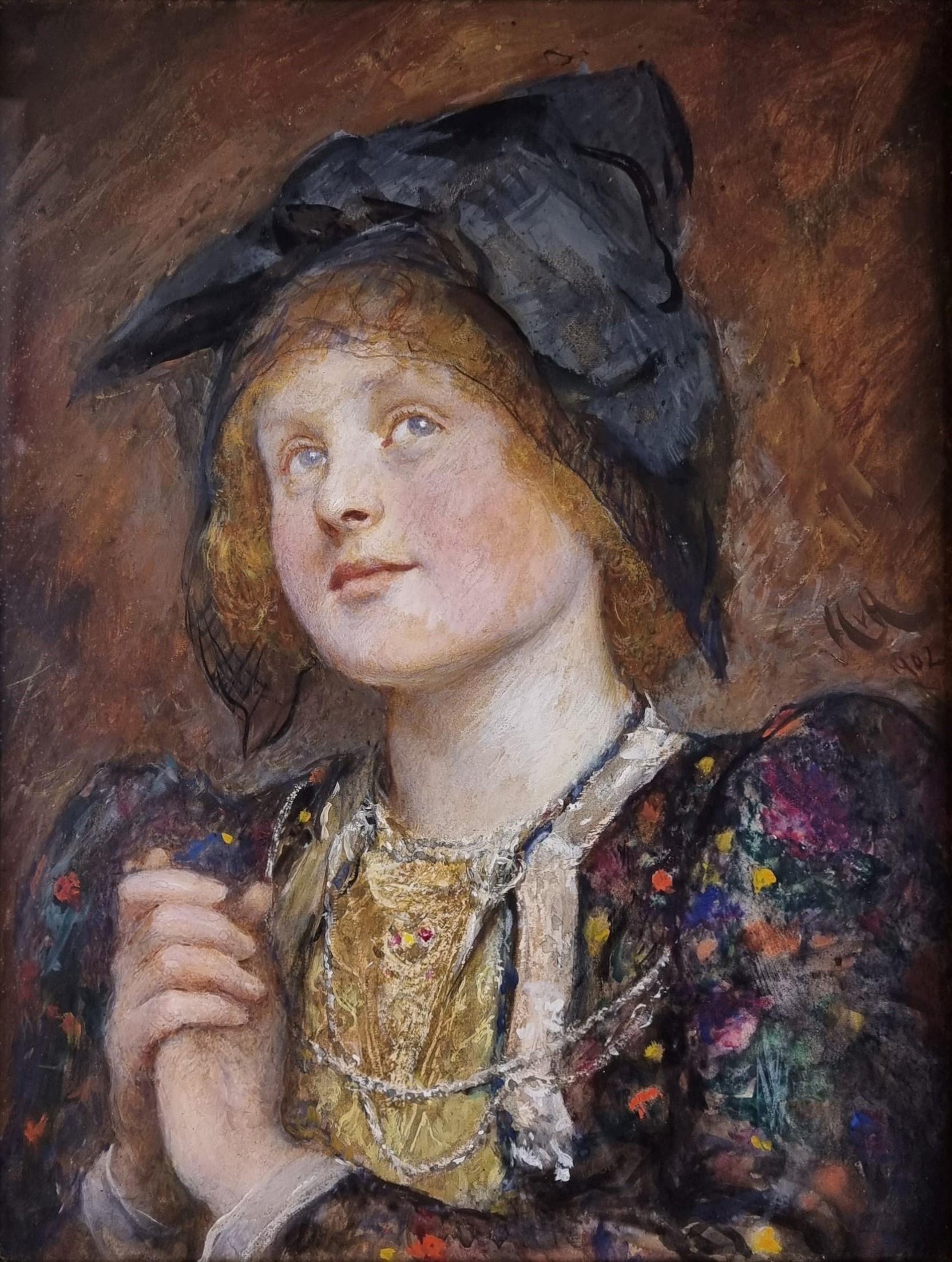 Portrait of a german young girl by Sir Hubert von Herkomer, period frame - Painting by Sir Hubert Von Herkomer R.A. RWS