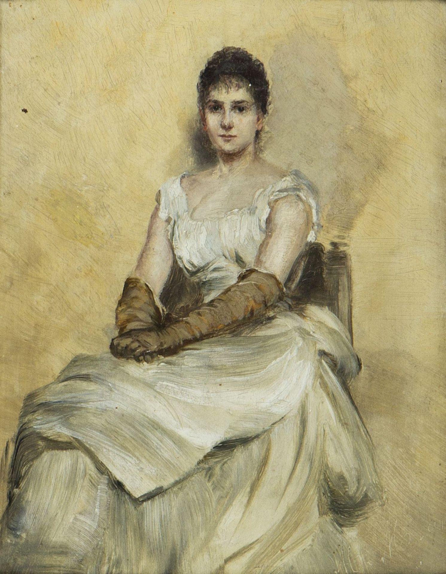 Portrait Of Miss Grant, oil on wood, signed lower right - Impressionist Painting by Sir Hubert Von Herkomer R.A. RWS
