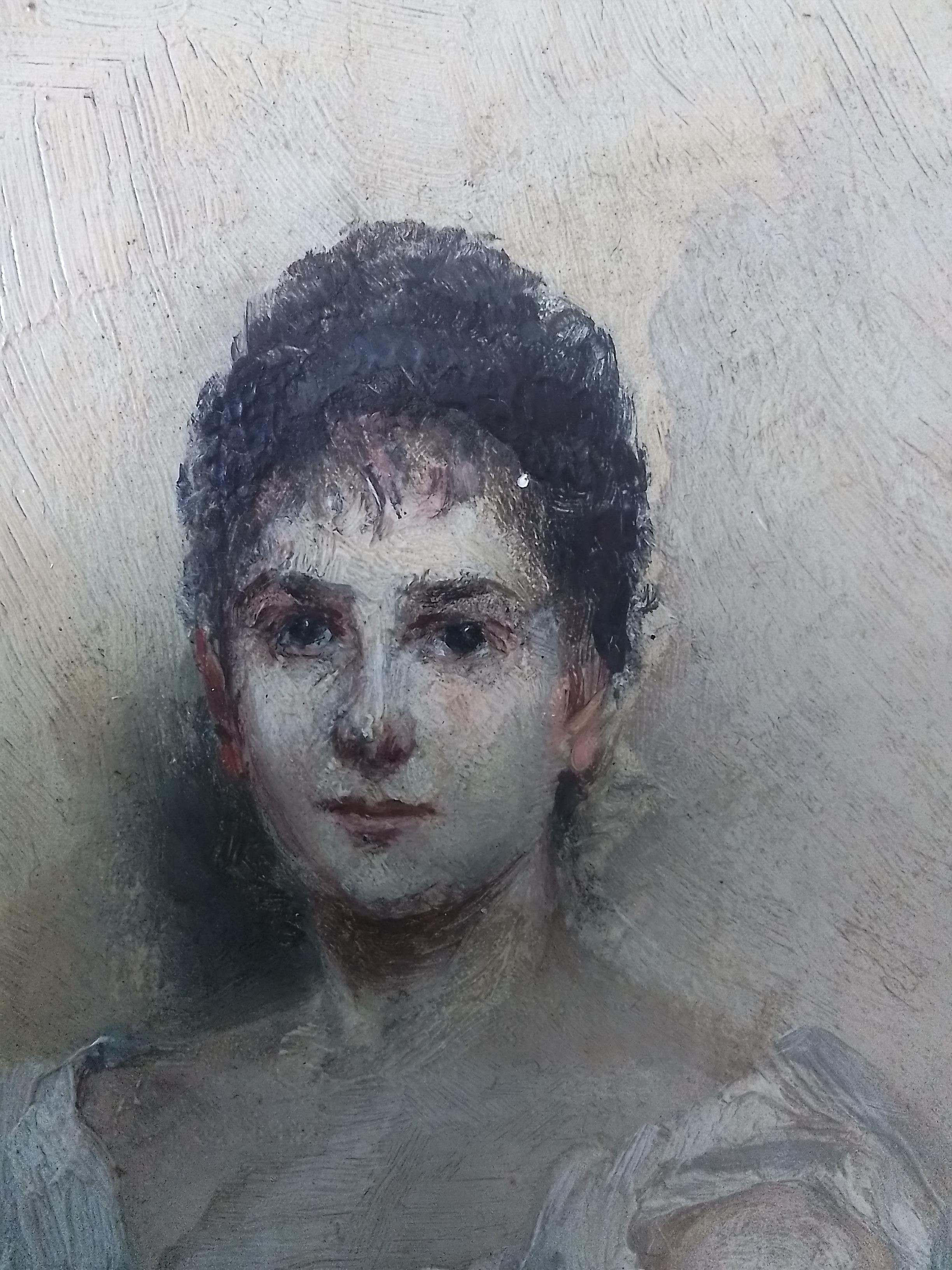 Portrait Of Miss Grant, oil on wood, signed lower right - Brown Portrait Painting by Sir Hubert Von Herkomer R.A. RWS