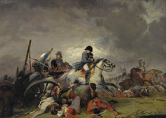 Peinture à l'huile militaire du 19e siècle représentant la retraite de Napoléon à Waterloolo