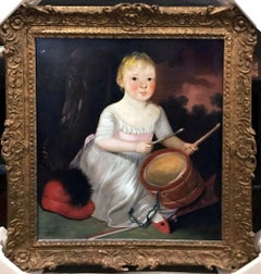 Antique John Hoppner 18th C. English Portrait Oil Painting "Girl with Drum"