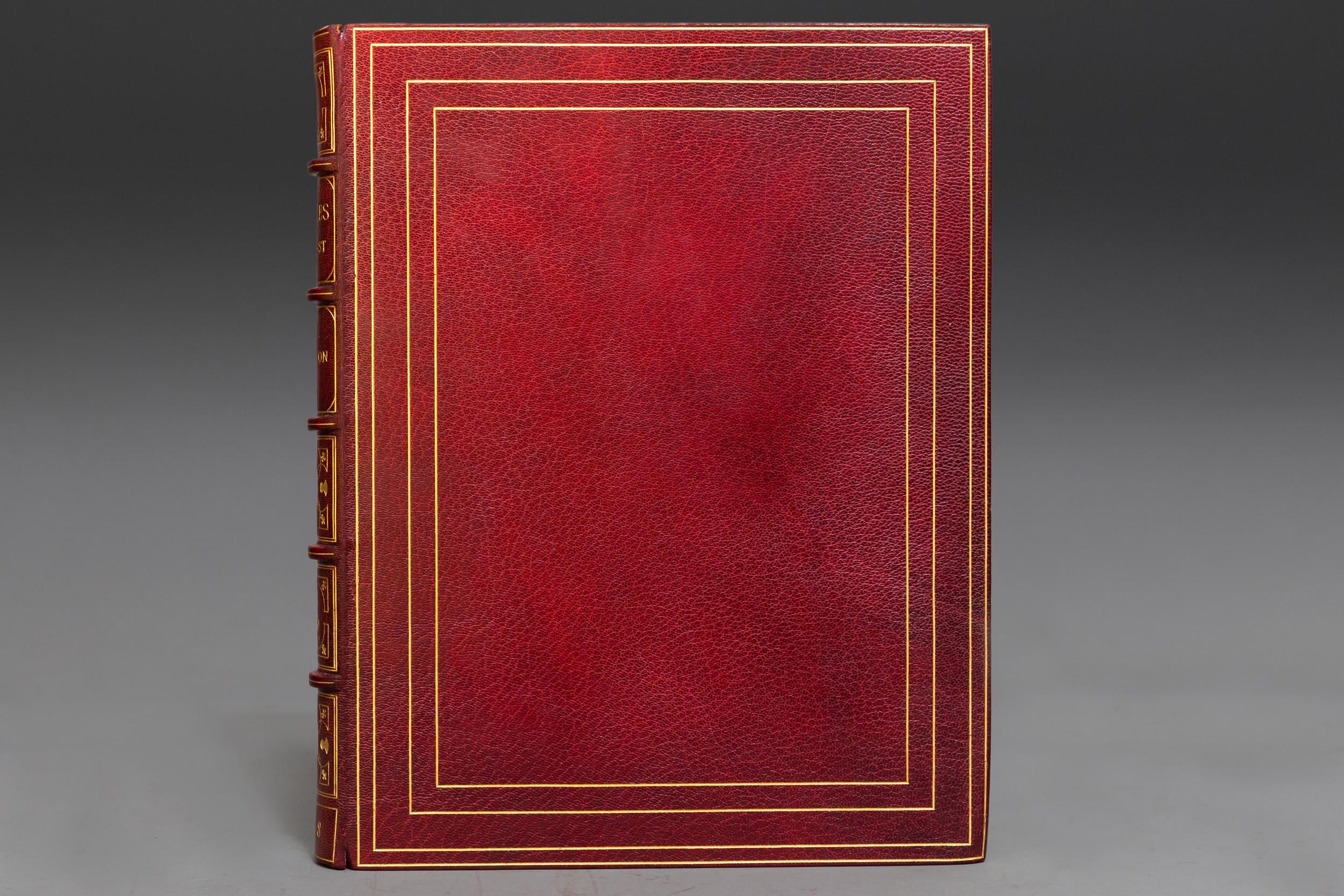 1 Volume

Bound In Full Red Morocco, Marbled Endpapers, top edges gilt, raised bands, gilt on spine and covers.

Illustrated. 

Limited to 500 Copies, Printed On Japanese Vellum, This is #110, Hand-Colored Frontispiece, Plates In Two States.