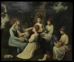 Elegant Georgian Young Ladies Woodland Park Antique English Oil Painting