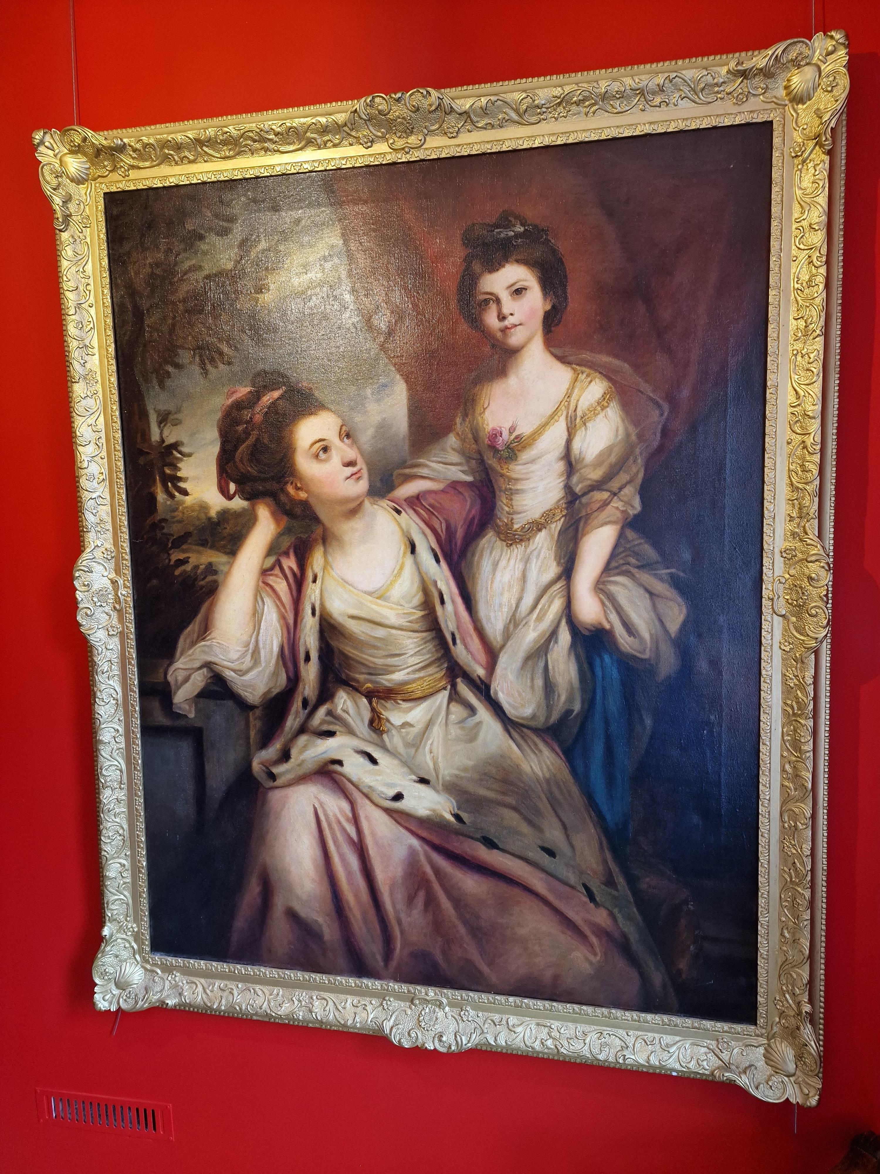 Huge Antique Oil Painting Portrait of Mrs Boone & Daughter after lost original For Sale 1