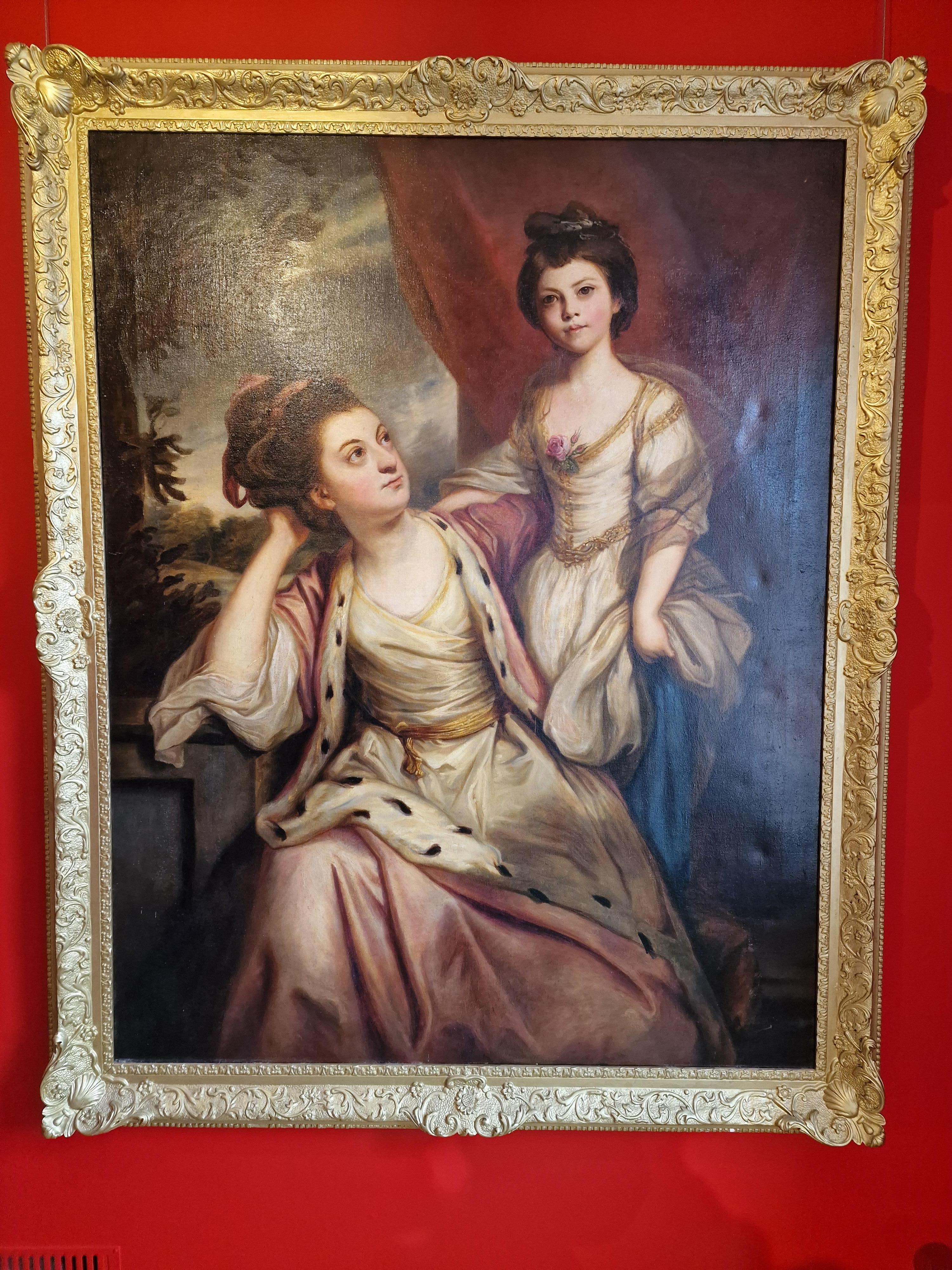 Huge Antique Oil Painting Portrait of Mrs Boone & Daughter after lost original