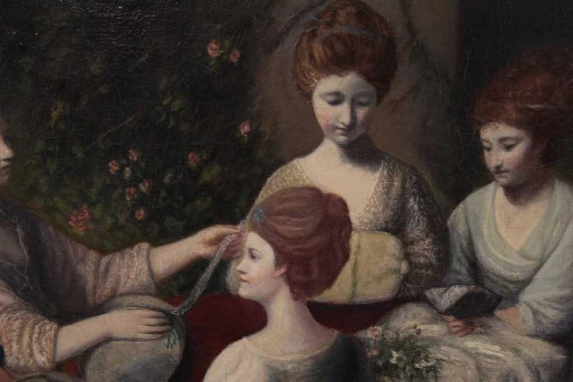 Ancienne peinture à l'huile anglaise de style géorgien représentant des jeunes femmes dans un parc boisé - Noir Portrait Painting par Sir Joshua Reynolds