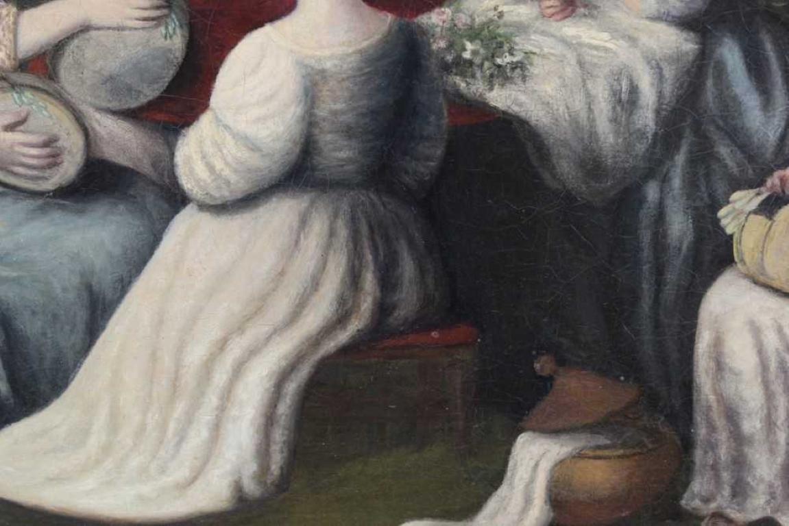 Ancienne peinture à l'huile anglaise de style géorgien représentant des jeunes femmes dans un parc boisé en vente 1