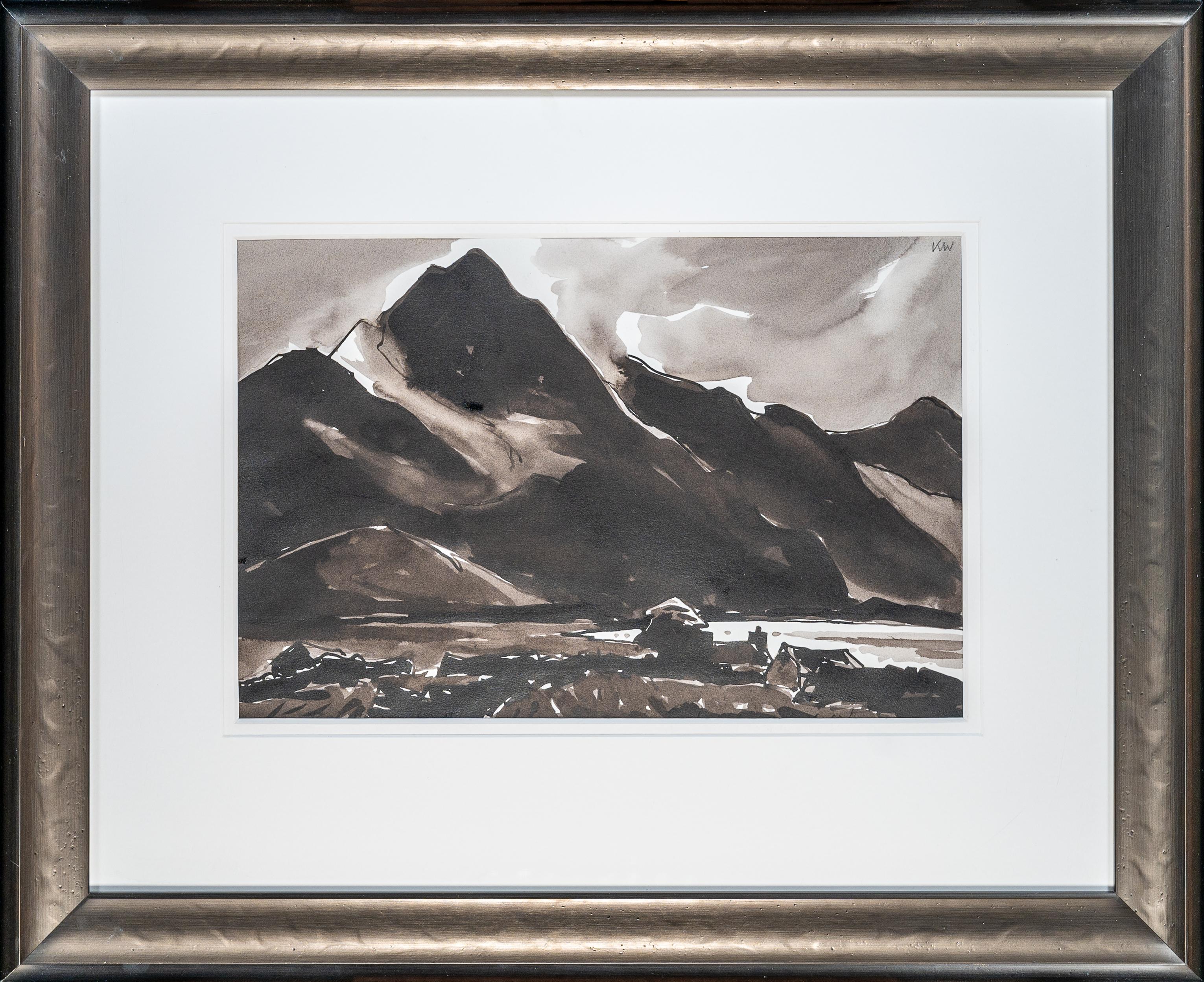 'Snowdon' Welsh landscape painting by Kyffin Williams, mountains, hillside, lake