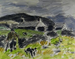 Snowdonia Farm with Farmer and two Sheep Dogs - Watercolour - Landscape Painting