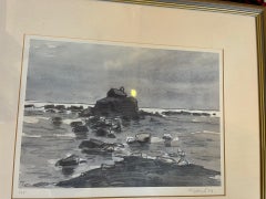 Lithographie moderne signée en édition limitée de l'église St Cwyfan, Anglesey, Galles