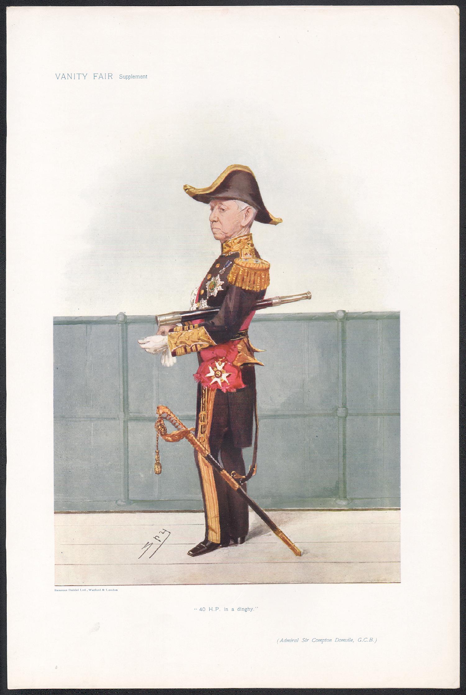 '40 HP in a dinghy', Vanity Fair naval portrait chromolithograph, 1906 - Print by Sir Leslie Ward