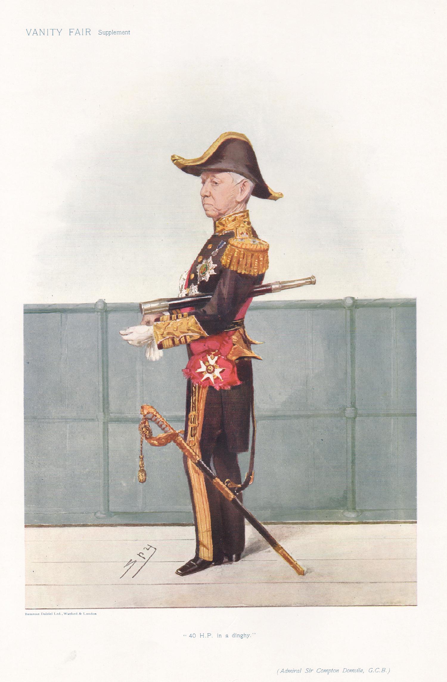 Sir Leslie Ward Portrait Print - '40 HP in a dinghy', Vanity Fair naval portrait chromolithograph, 1906