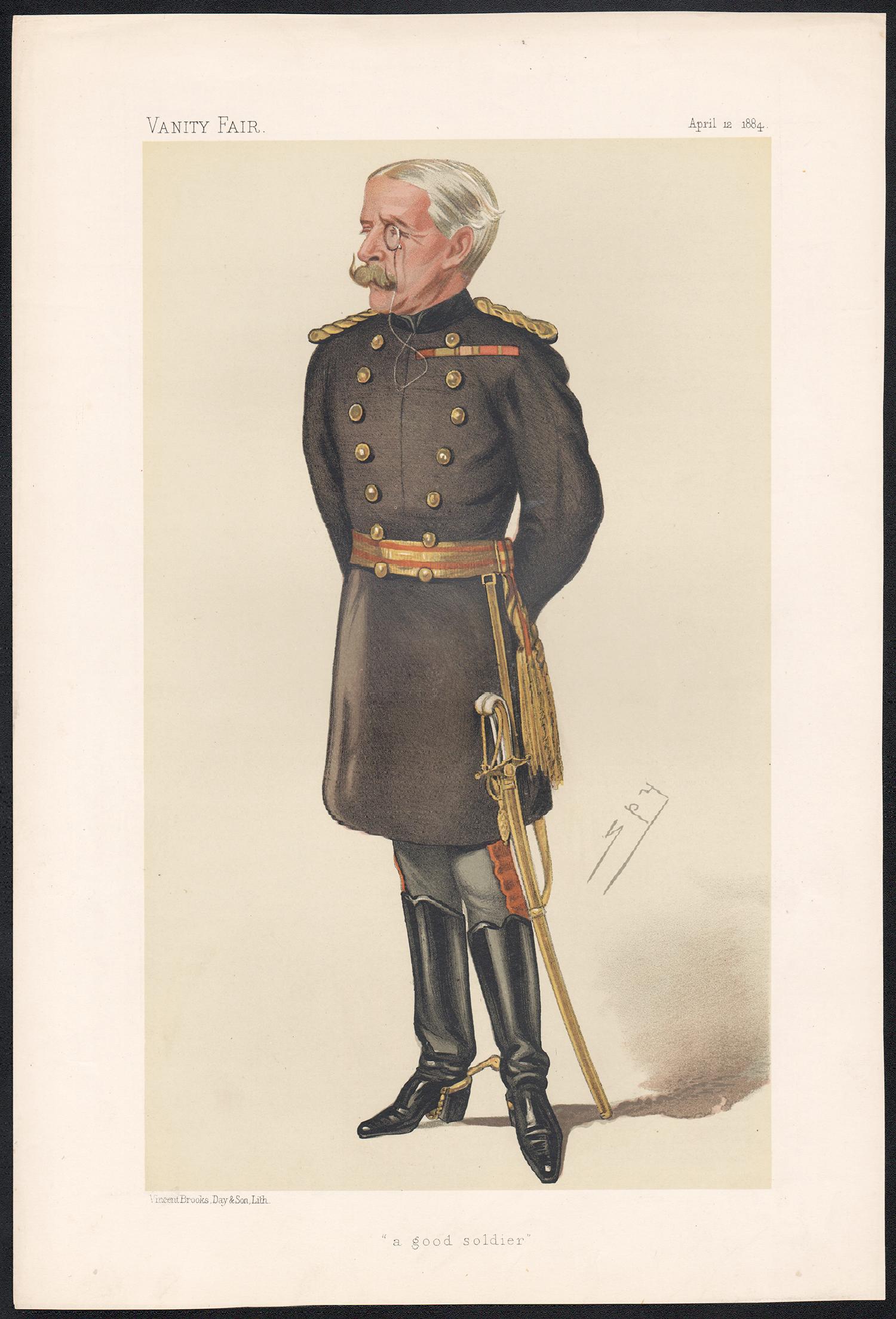'a good soldier', Vanity Fair military army portrait chromolithograph, 1884 - Print by Sir Leslie Ward