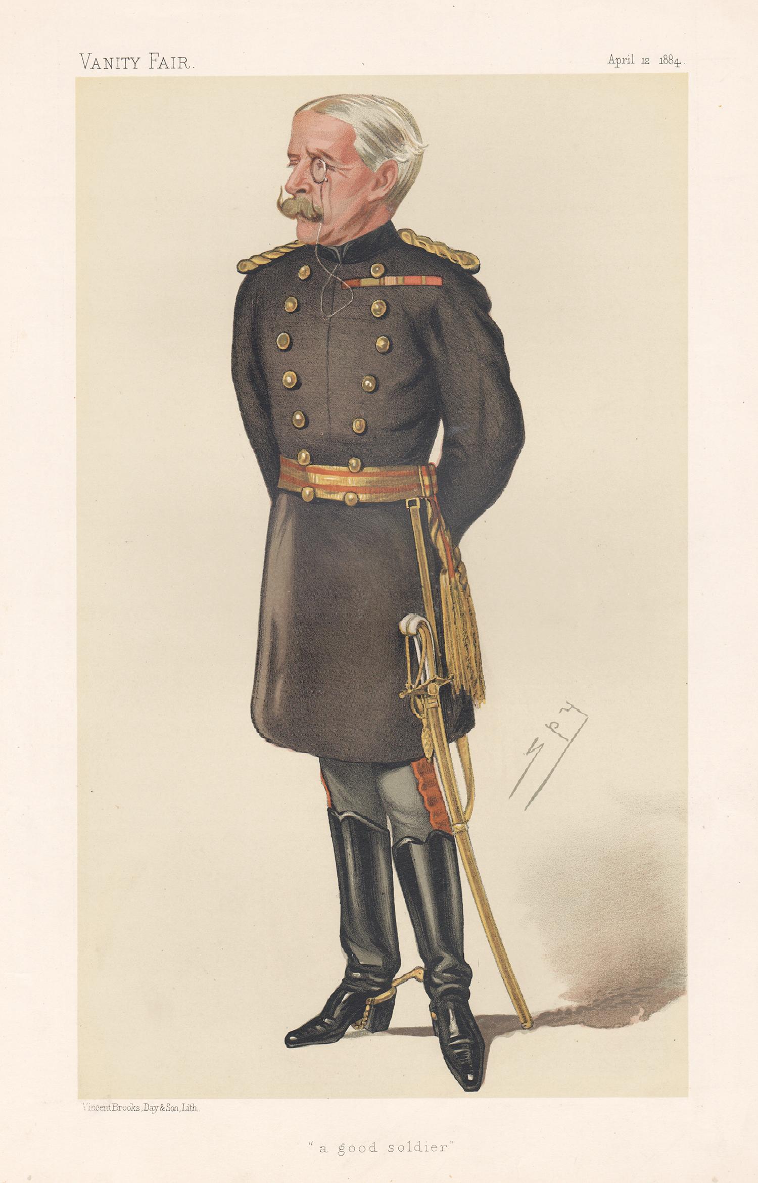 Portrait Print de Sir Leslie Ward - 'un buen soldado', Vanity Fair retrato militar del ejército cromolitografía, 1884