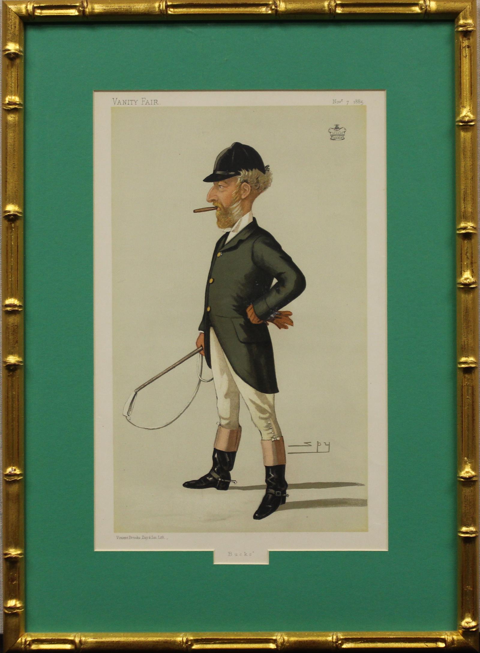 Classic colour plate of Bucks" by 'Spy' aka Sir Leslie Ward for Vanity Fair published Nov 7, 1885

Print Sz: 13 3/4"H x 8 1/2"W

Frame Sz: 19"H x 14"W

w/ billiard green mat & gilt bamboo frame