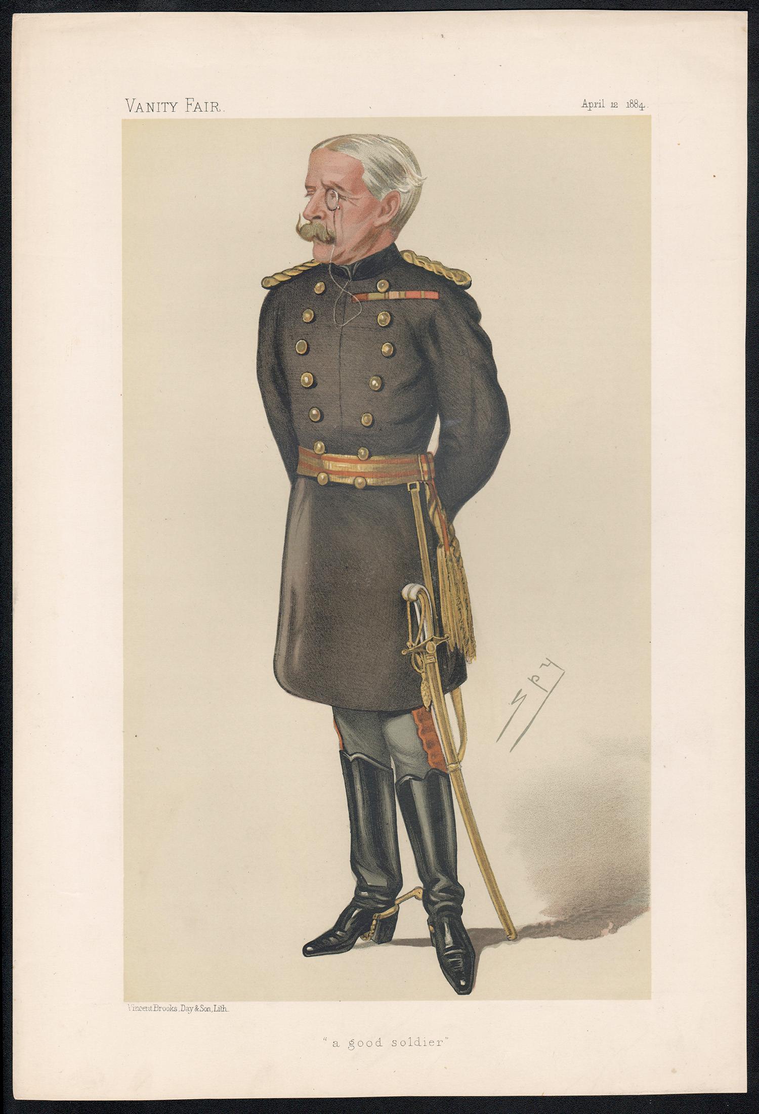 Teniente General Higginson, retrato caricaturesco militar de Vanity Fair, 1884 - Print de Sir Leslie Ward