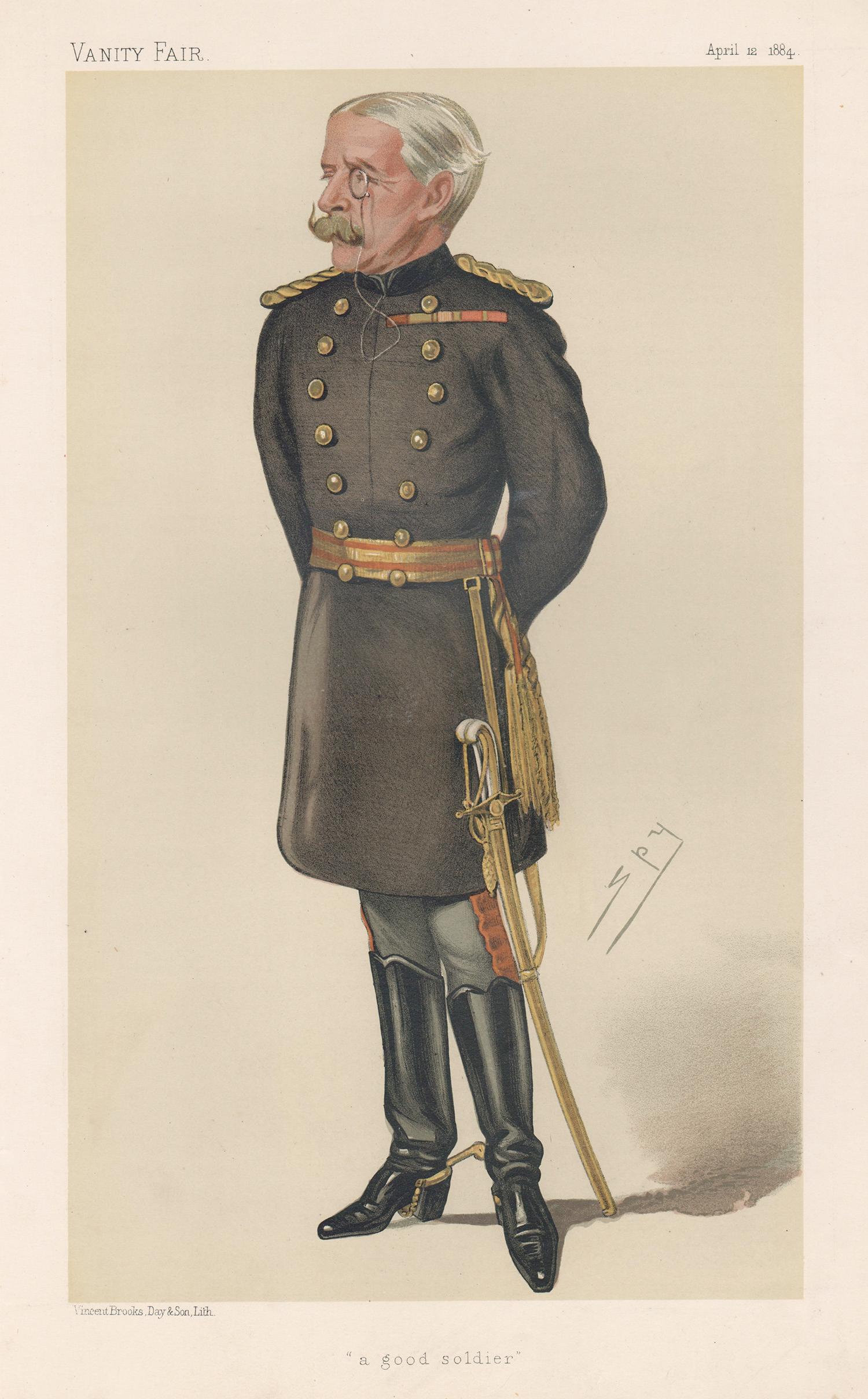 Portrait Print de Sir Leslie Ward - Teniente General Higginson, retrato caricaturesco militar de Vanity Fair, 1884