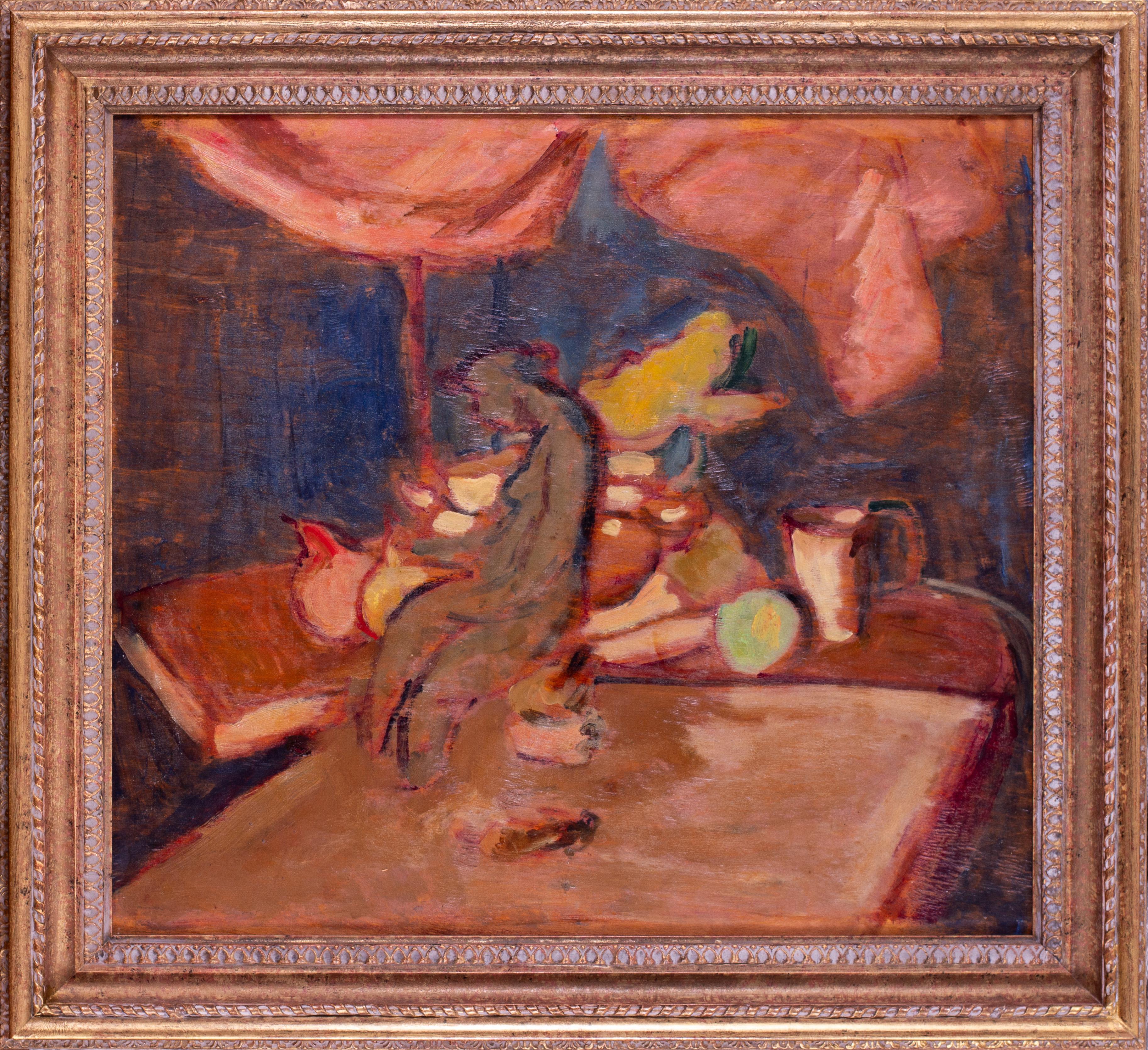 Sir Matthew Matthews CBE "Nature morte avec sculpture", huile sur carton, britannique