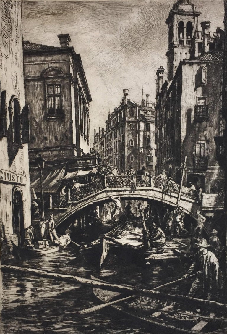 Sir Muirhead Bone Landscape Print - Canal and Bridge of SS Apostoli, Venice. 