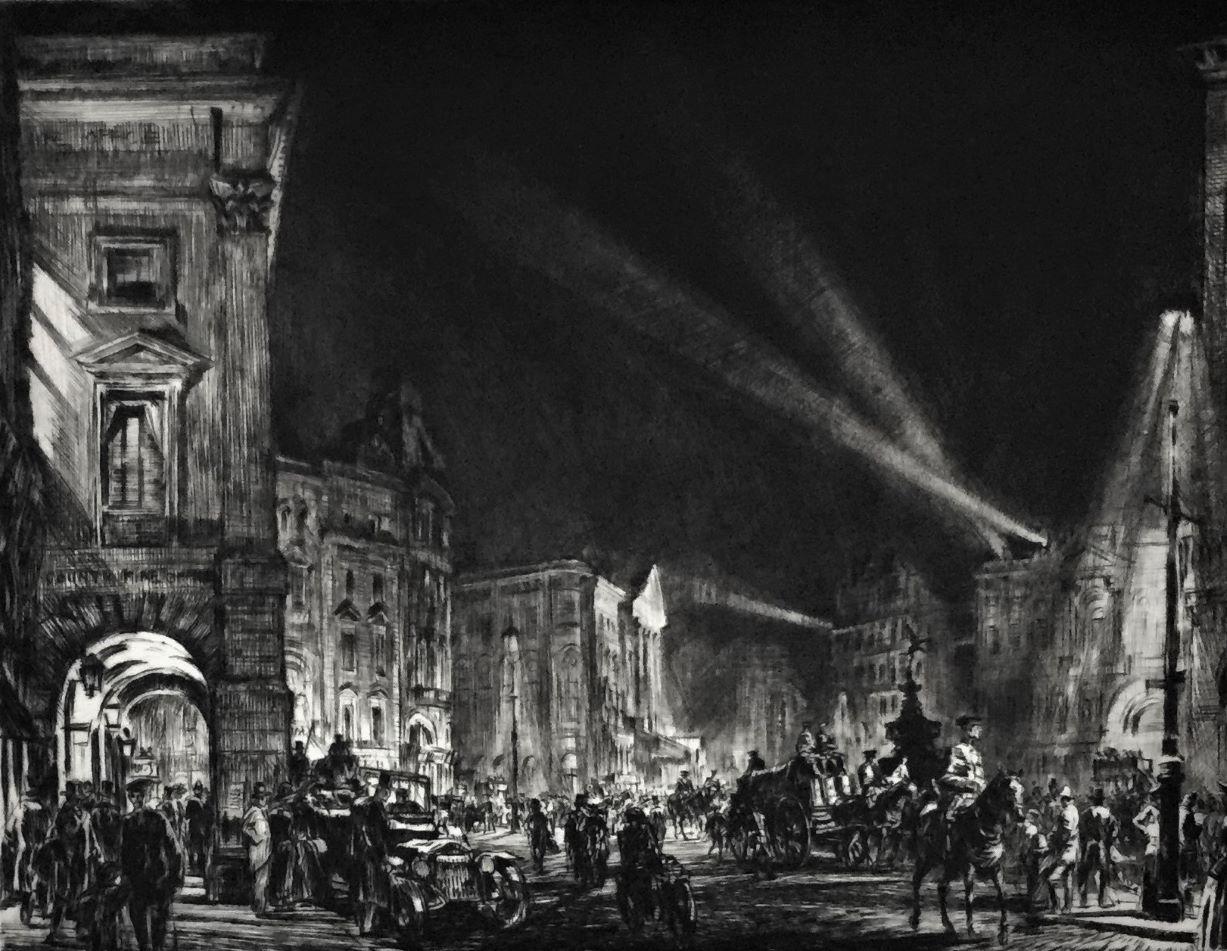Piccadilly Circus -- 1915. 1915. Drypoint. Dodgson catalog 332 state vi. 11 13/16 x 14 7/8 (sheet 15 x 19). Edition of 125 in this state. Illustrated: Furst, Original Engraving and Etching: An Appreciation. A rich impression with drypoint burr