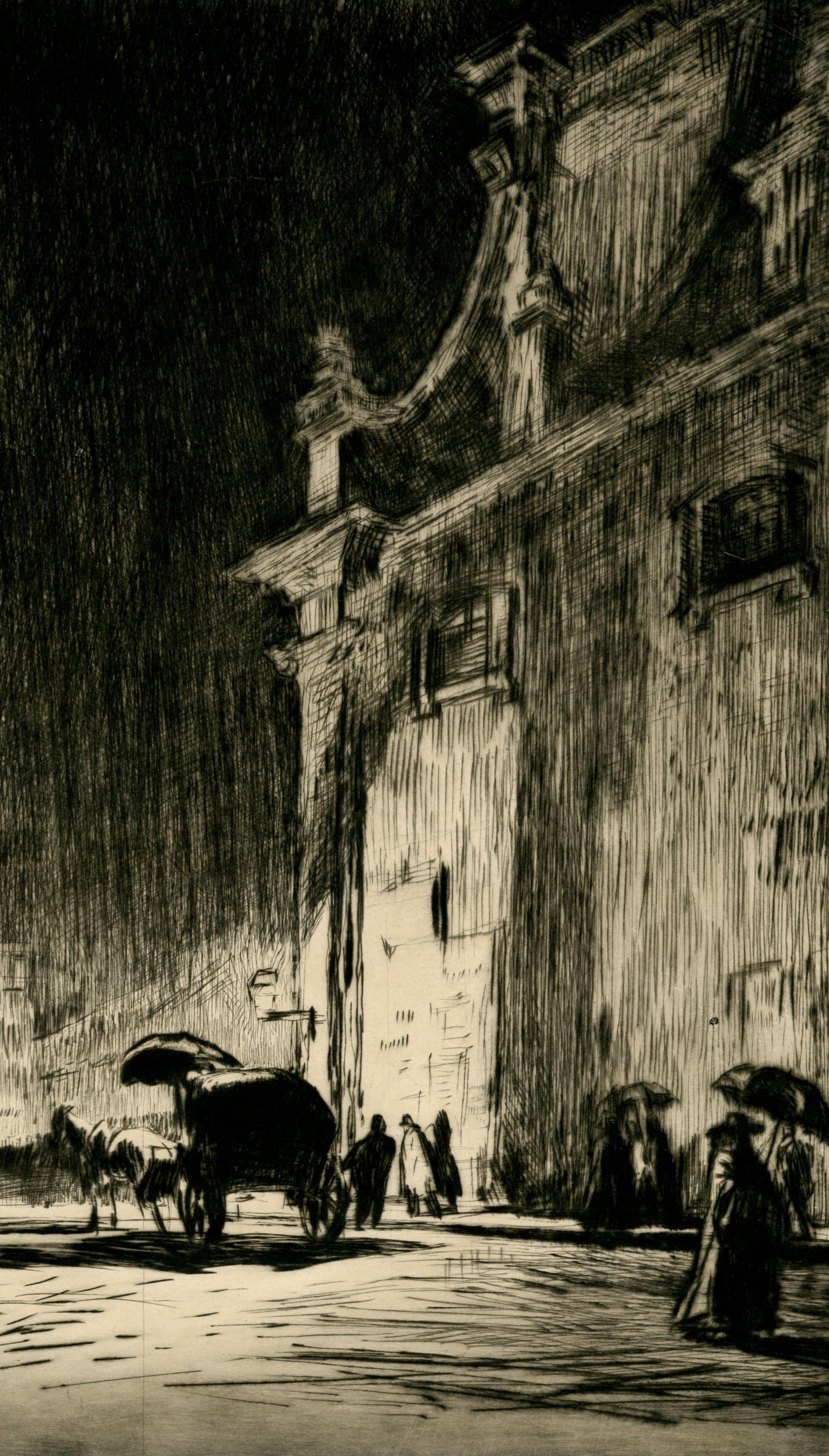 Nuit Pluvieuse à Rome
Pointe sèche, 1913
Signée au crayon et titrée dans la marge inférieure par l'artiste.
(voir photo)
Provenance :
Kennedy Galleries, Stock # A6538
Référence ; Doddgson 299 _/X
Édition totale dans 10 états 125 imprimés
Note : La