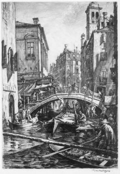 Venice view of bridge SS  Apostoli - black and white etching Muirhead Bone