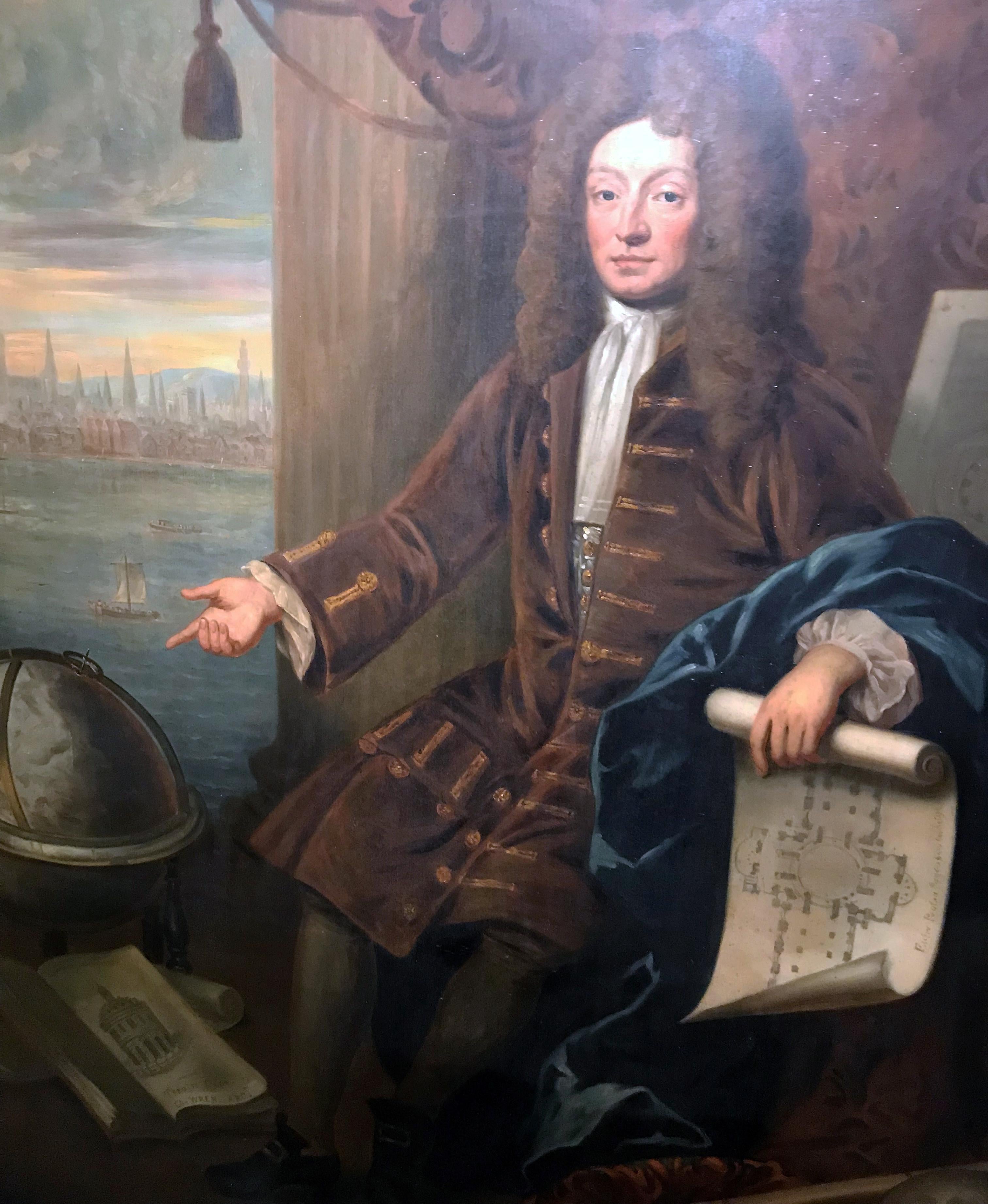 8.5 Foot Tall 17th Century Portrait Oil Painting of Sir Christopher Wren  6