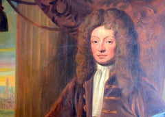 8.5 Foot Tall 17th Century Portrait Oil Painting of Sir Christopher Wren