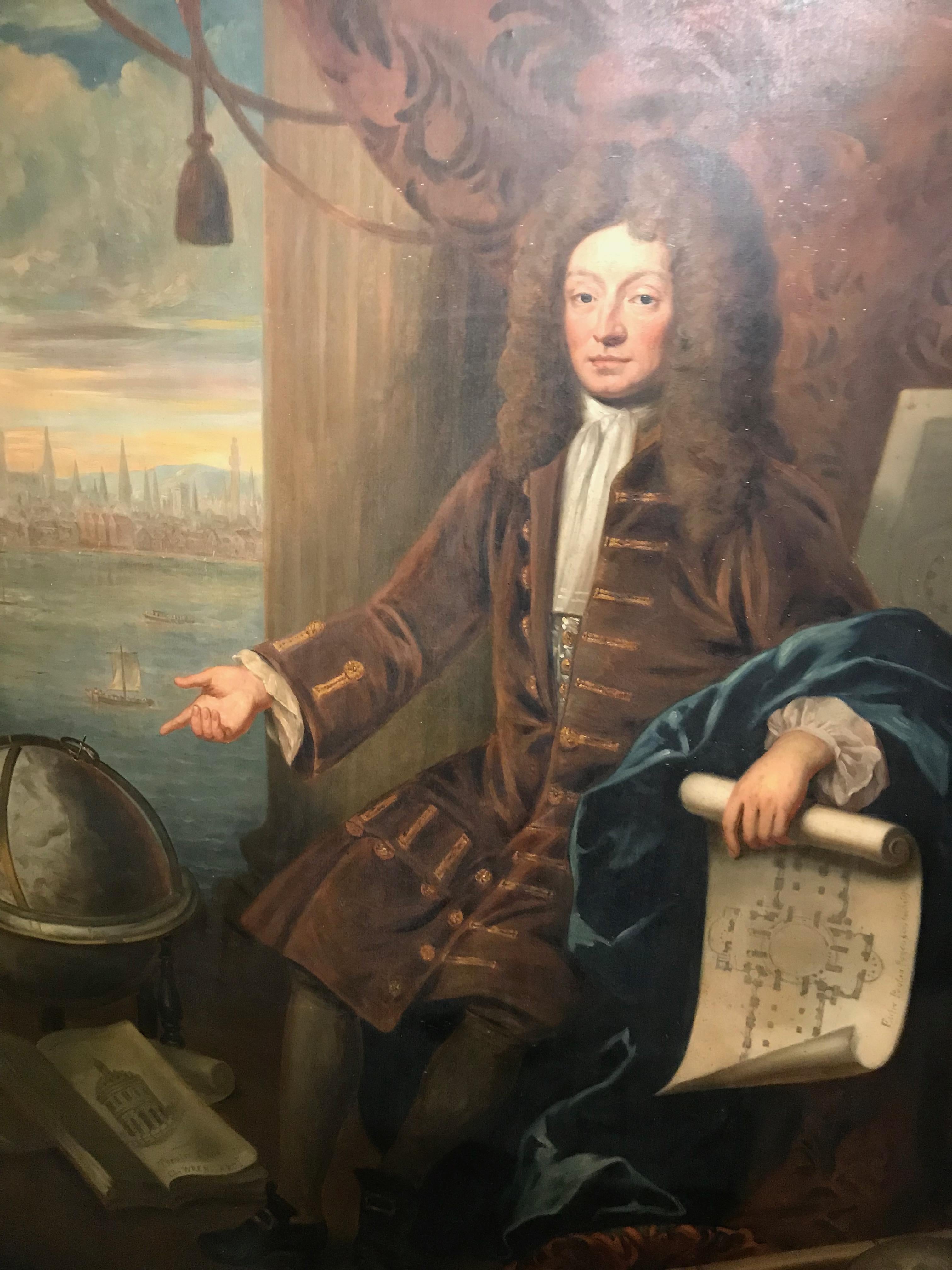 A very large 8.5 foot tall 17th Century full length portrait oil painting of Sir Christopher Wren attributed to the renowned English portrait artist Sir Peter Lely  This remarkable full length portrait depicts the famed architect Sir Christopher