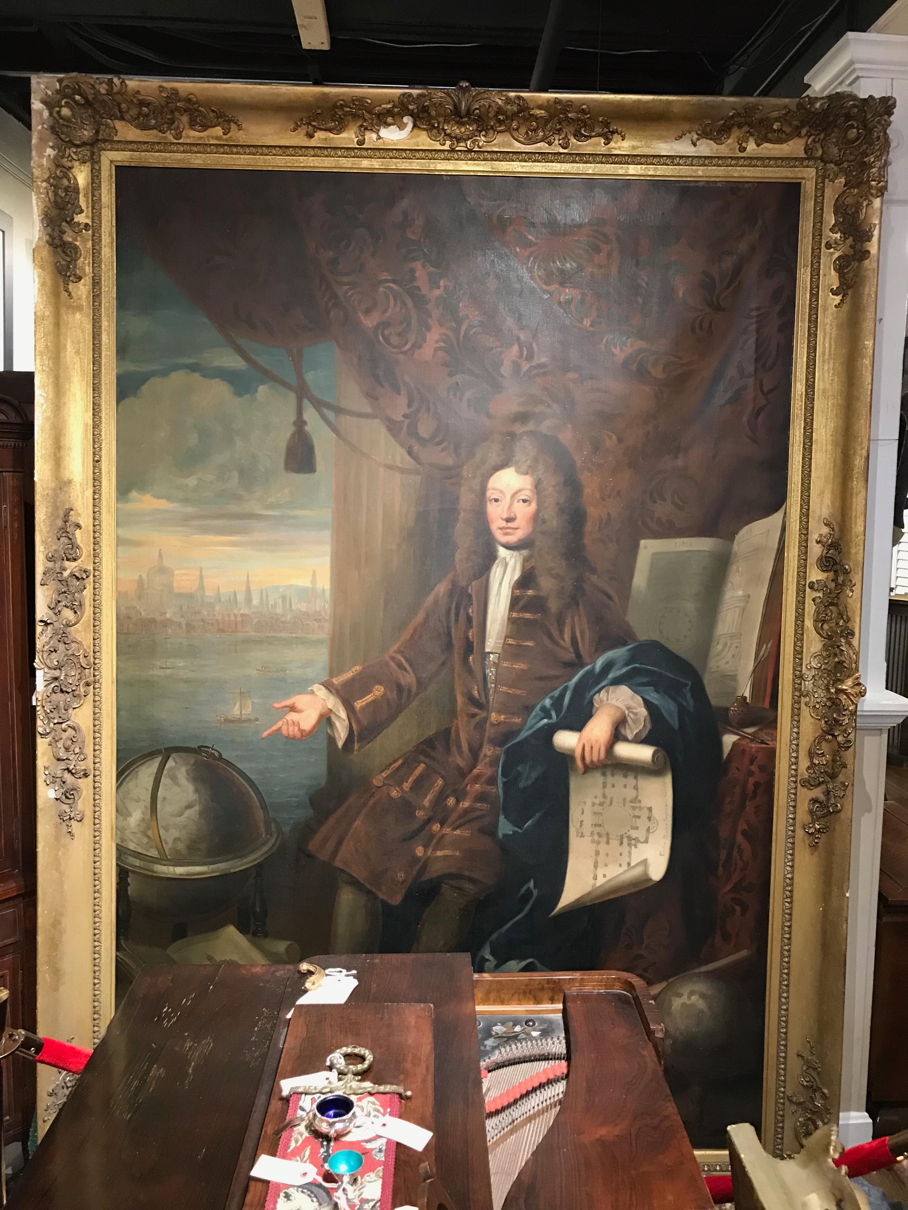 8.5 Foot Tall 17th Century Portrait Oil Painting of Sir Christopher Wren  1