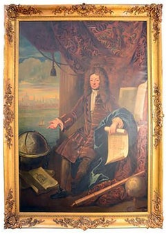 8.5 Foot Tall 17th Century Portrait Oil Painting of Sir Christopher Wren