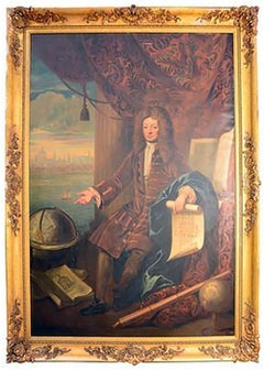 Used 8.5 Foot Tall 17th Century Portrait Oil Painting of Sir Christopher Wren 