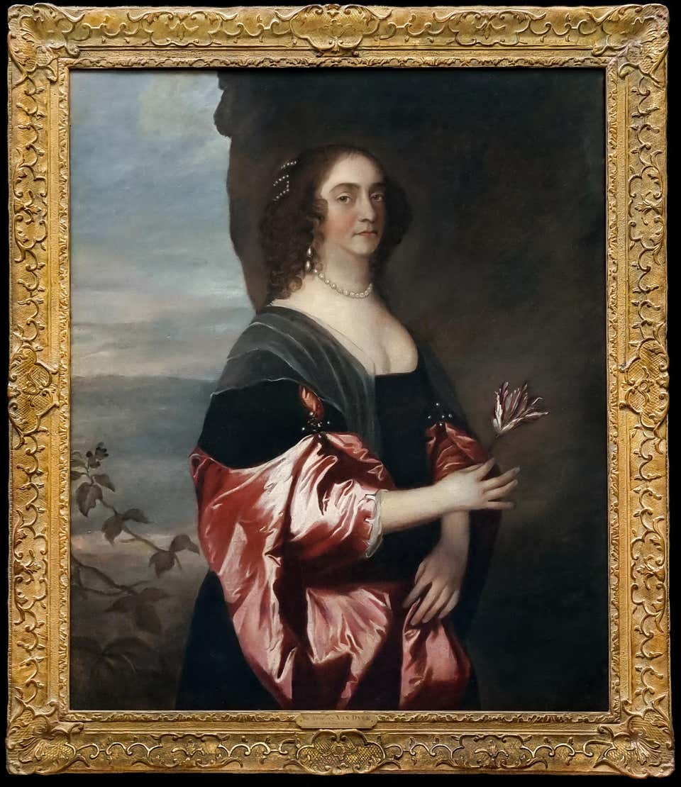 Portrait of a Lady, in Black Dress with Red Satin Sleeves and Pearls c.1660-1680