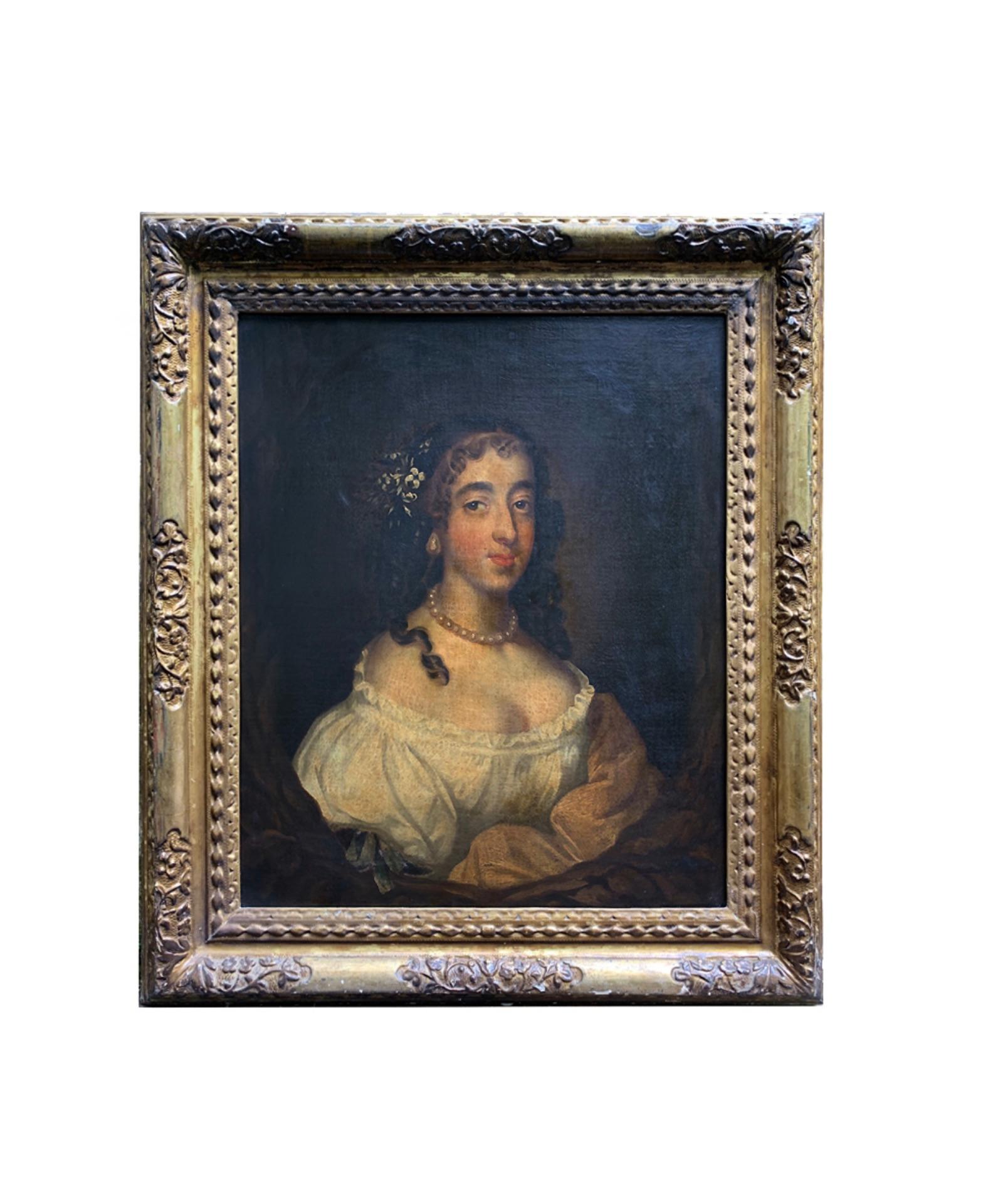Sir Peter Lely – Porträt einer Dame mit Barockperlen-Ohrring – 17. Jahrhundert Ölgemälde im Zustand „Gut“ im Angebot in Rio De Janeiro, BR