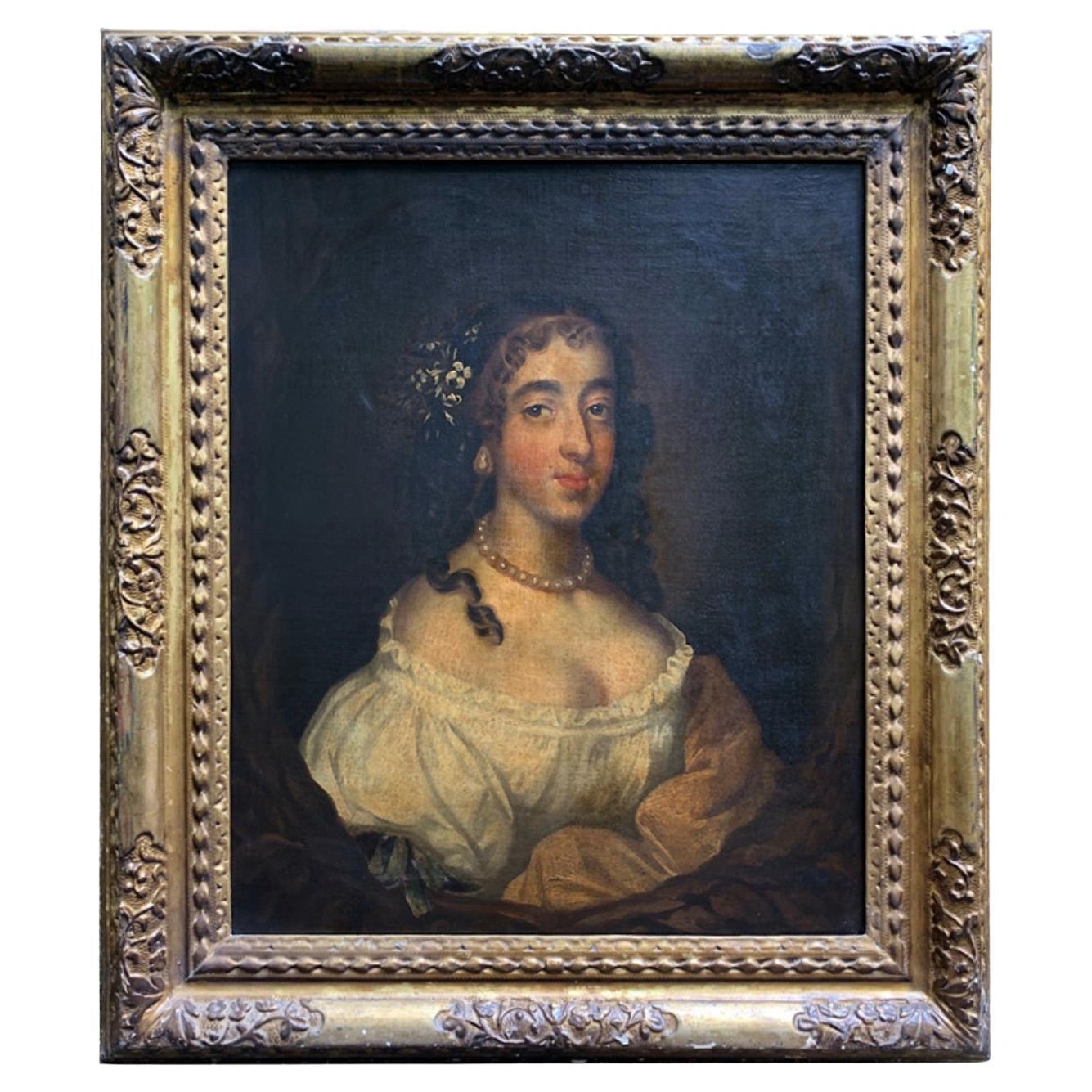 Sir Peter Lely - Portrait of Lady with baroque pearl earring - 17th Century Oil