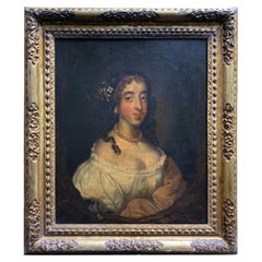 Sir Peter Lely - Portrait d'une dame avec une boucle d'oreille en perle baroque - Huile du 17e siècle