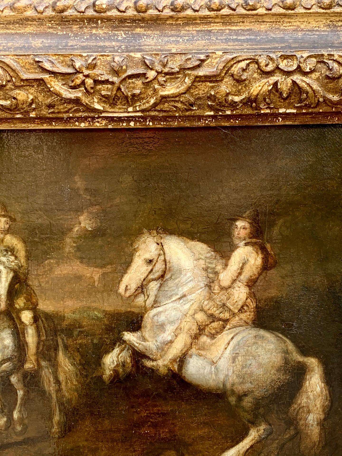 Seguace di Rubens del XVII secolo, due militari a cavallo in un paesaggio - Painting di Sir Peter Paul Rubens