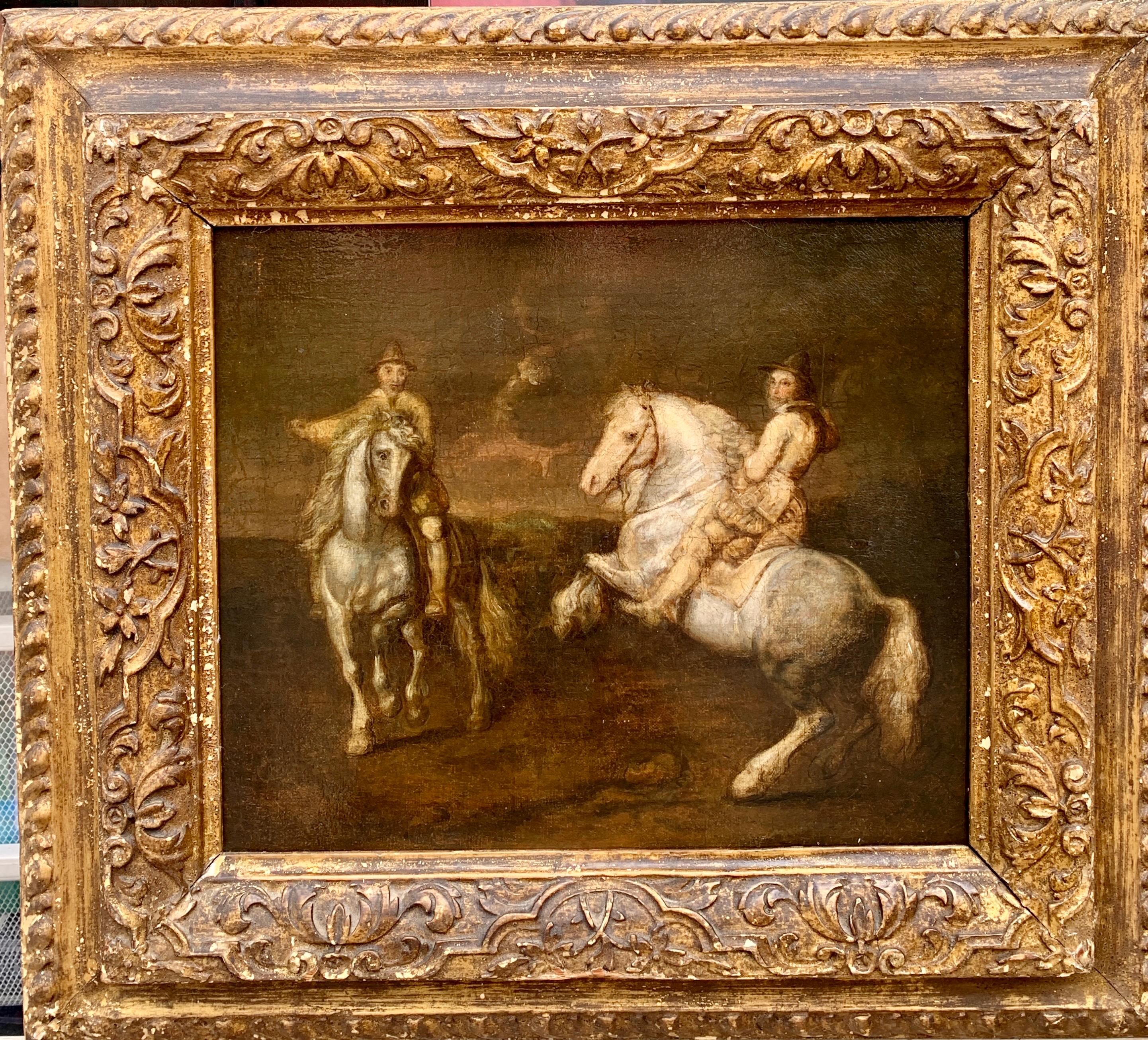 Seguace di Rubens del XVII secolo, due militari a cavallo in un paesaggio